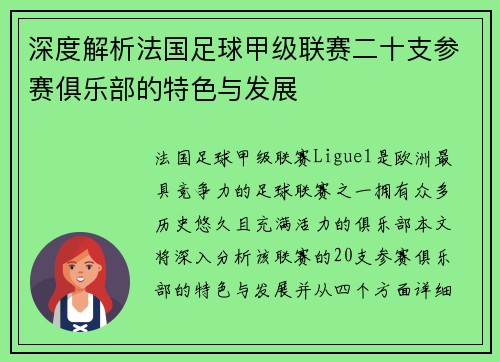 深度解析法国足球甲级联赛二十支参赛俱乐部的特色与发展