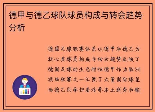 德甲与德乙球队球员构成与转会趋势分析