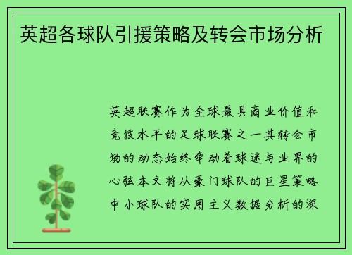 英超各球队引援策略及转会市场分析