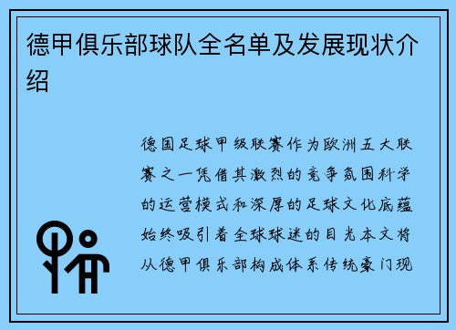德甲俱乐部球队全名单及发展现状介绍