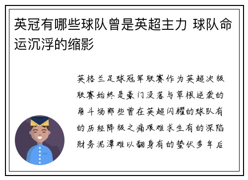 英冠有哪些球队曾是英超主力 球队命运沉浮的缩影